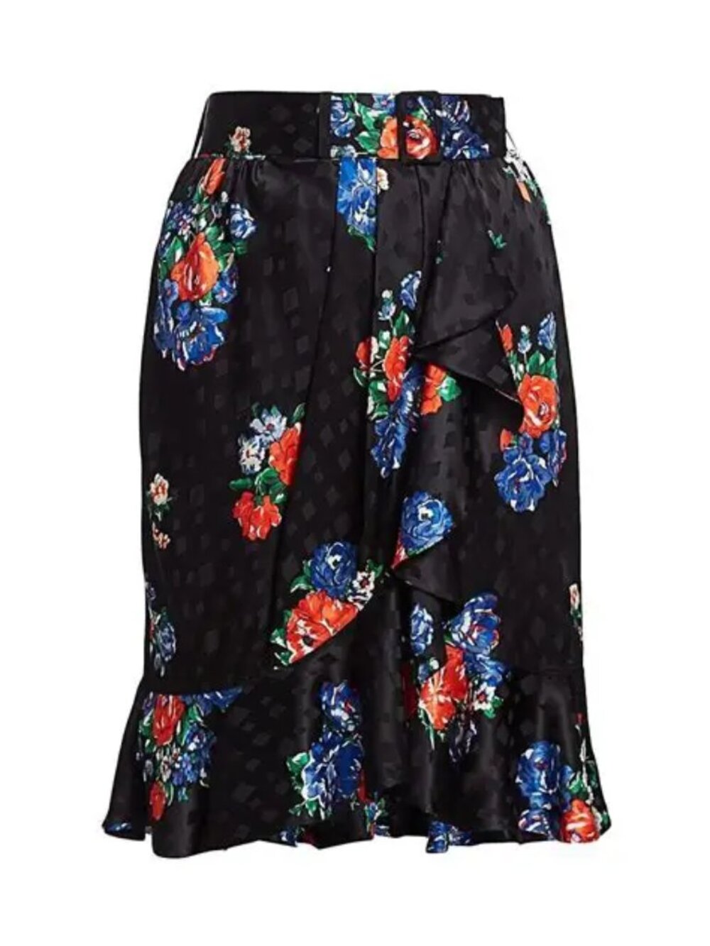 Tory Burch Black Floral Silk Jacquard Wrap Skirt with Belt and Flounce Sz 8